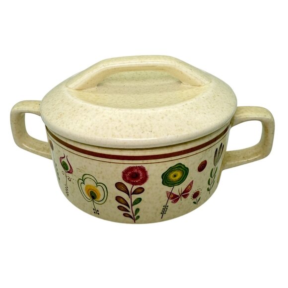 Vtg  Lenox Temper-Ware Sprite Sugar Bowl & Lid Handles Retro Butterflies Flowers - Picture 1 of 9